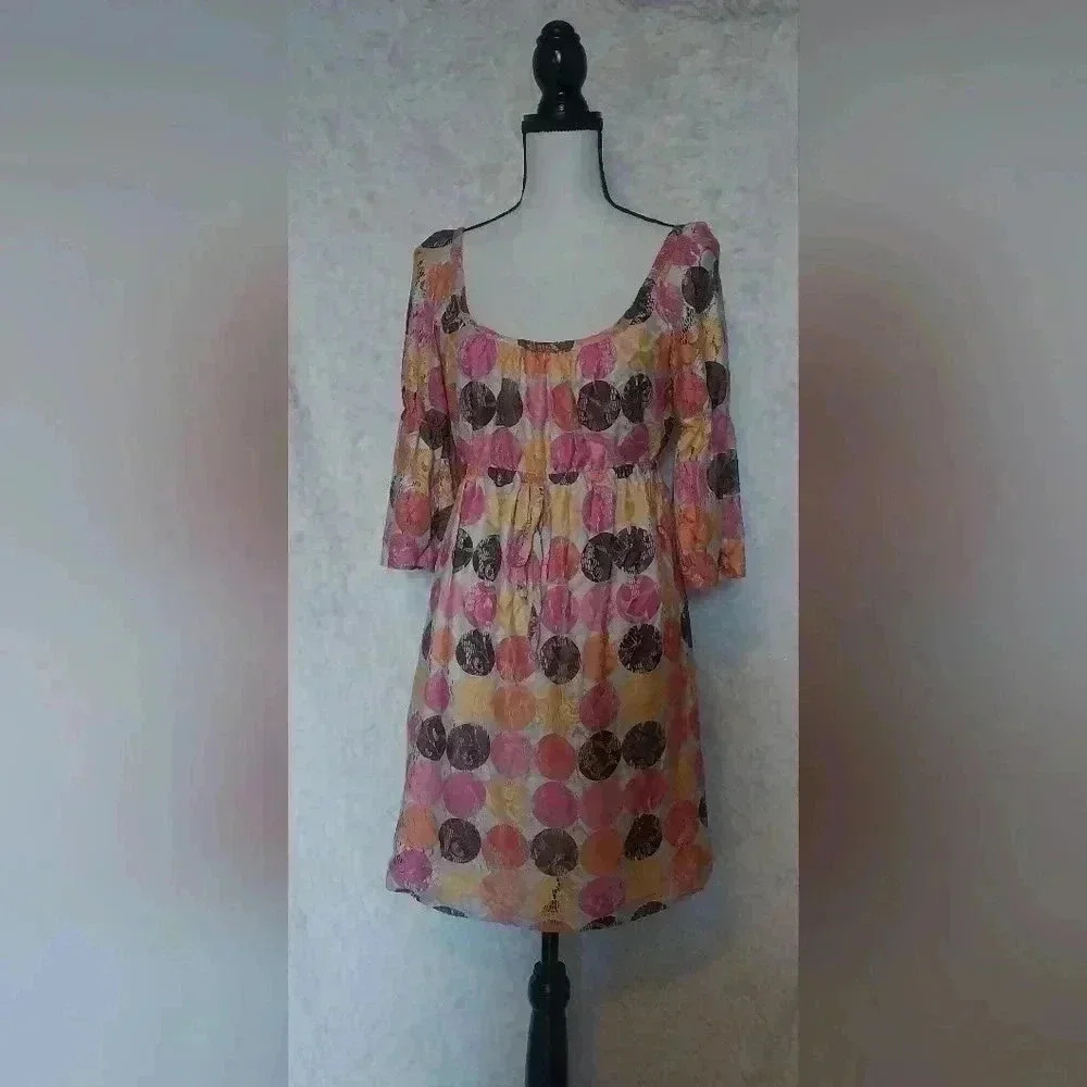 Isle by Melis Korzan Polka Dot Baby Doll Peplum Brown & Pink Dress Size M